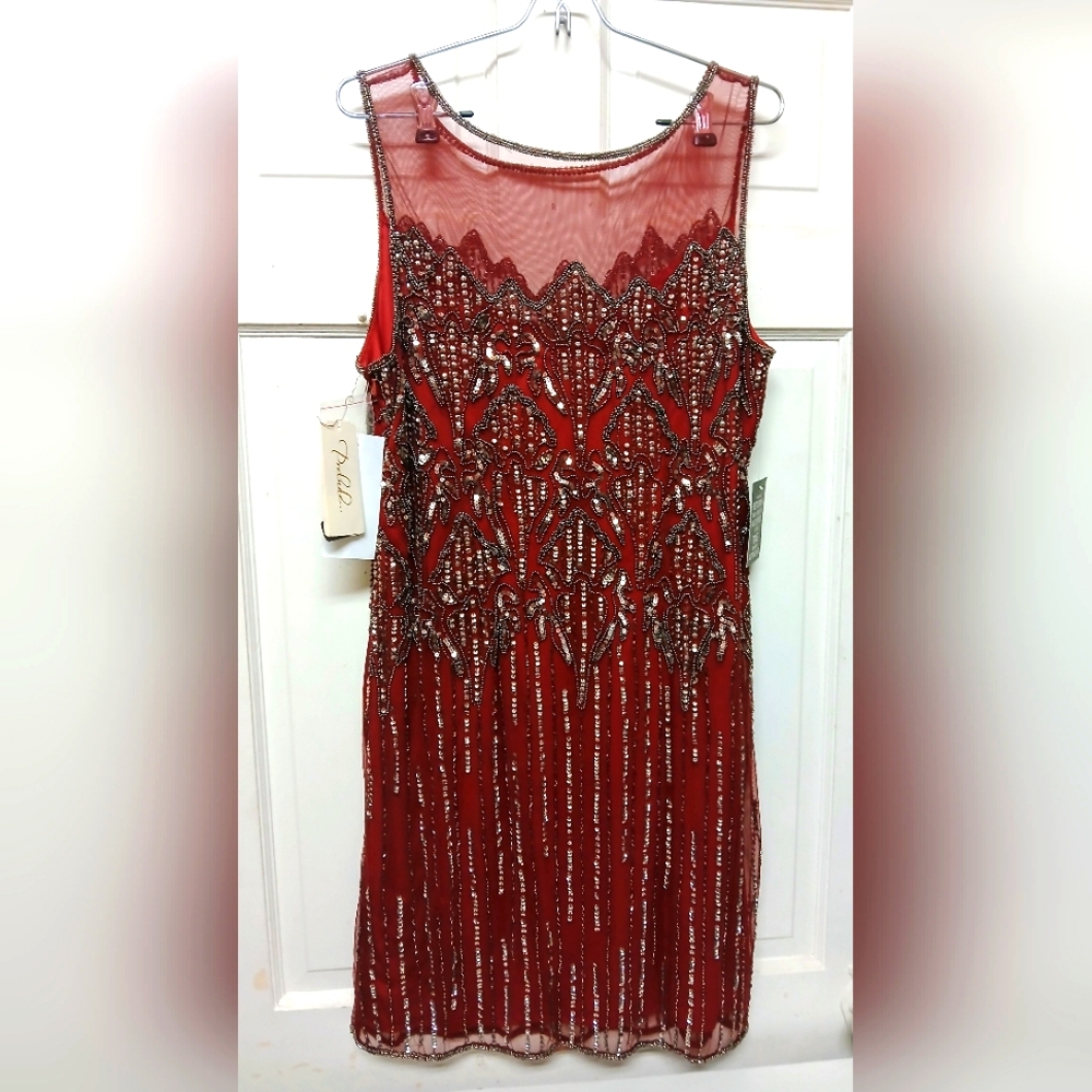 Prelude Elegant Cranberry Red Beaded Rayon Knee High Dress Size 16 New With Tags - Picture 2 of 11